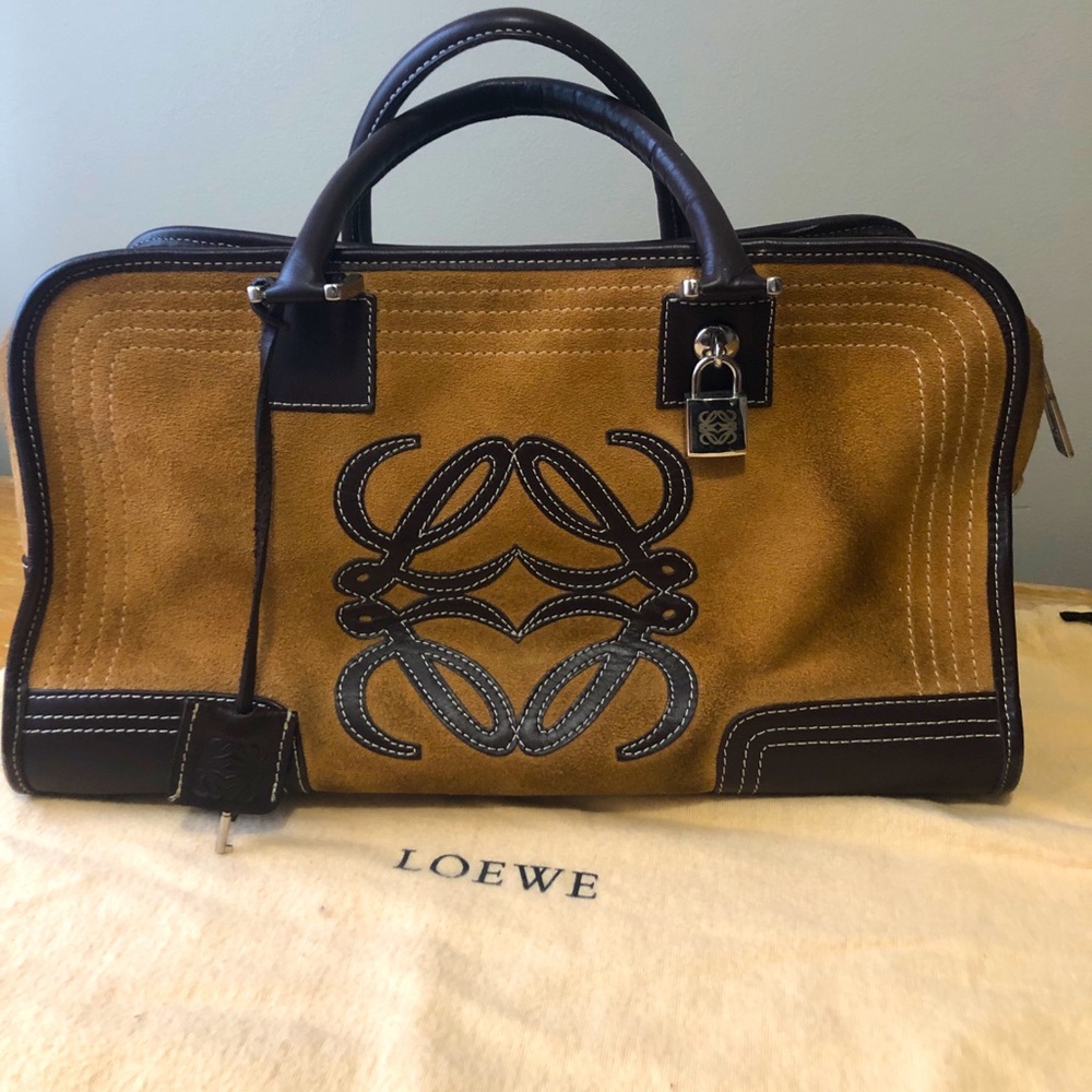 SOLD!!! Vintage LOEWE Amazona Beige Dark Brown Suede & Leather Womens Handbag